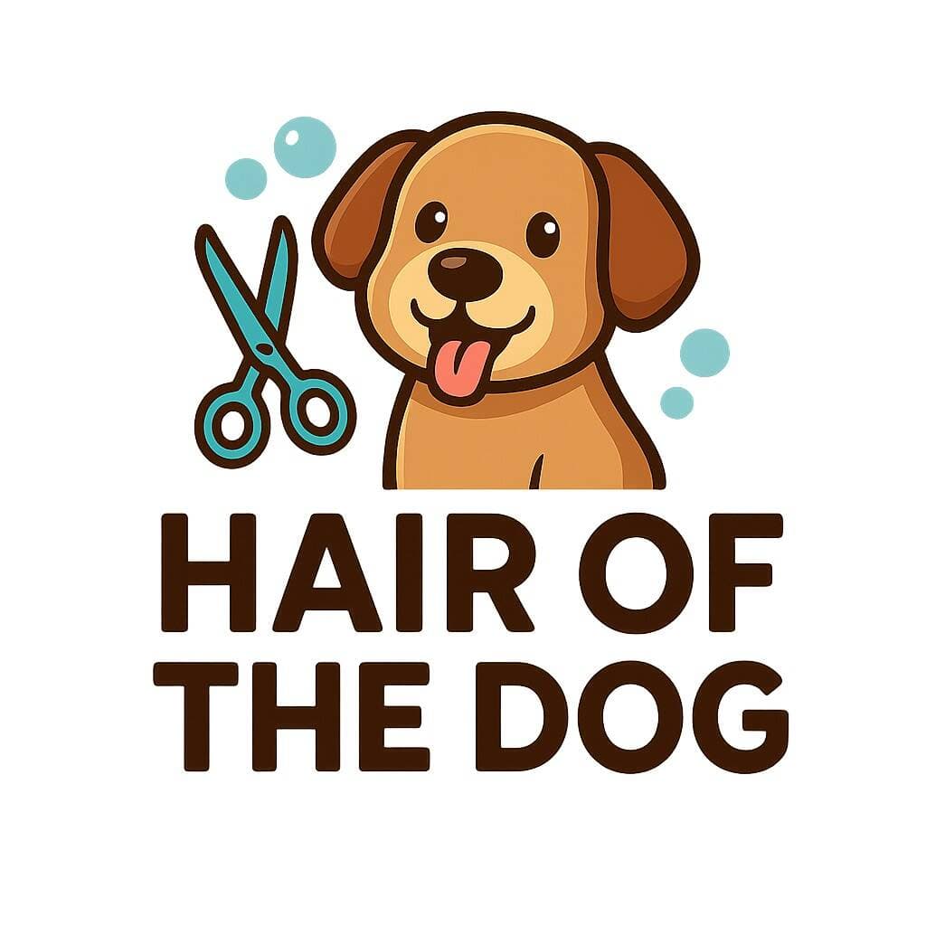 Hair Of The Dog logo — cartoon puppy with teal scissors